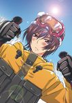  black_eyes black_hair blush code_geass eikichi_(hp001) embarrassed gloves hat lelouch_lamperouge lens_flare male_focus ski_goggles snow solo sun winter_clothes 