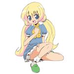  :d blonde_hair blue_dress blue_eyes bobby_socks convenient_leg dress full_body long_hair looking_at_viewer low_twintails nemuro_nao open_mouth pani_poni_dash! puffy_short_sleeves puffy_sleeves rebecca_miyamoto short_sleeves simple_background sitting slippers smile socks solo twintails white_background white_legwear 