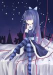  bad_id bad_pixiv_id blue_eyes blue_hair bow crossed_legs panty_&amp;_stocking_with_garterbelt pantyhose purple_legwear shrie sitting solo stocking_(psg) striped striped_legwear 