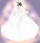  black_hair blush bouquet breasts bridal_veil choker cleavage dress flower genderswap gloves hair_ornament hanta_futaba hunter_series medium_breasts ribbon saibashi short_hair smile solo veil wedding_dress 