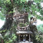  black_hair blonde_hair luna_child mini_torii multiple_girls nature rope scenery shide shimenawa shrine star_sapphire sunny_milk takanashi_akihito torii touhou tree wings 