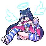  alternate_costume bad_id bad_pixiv_id black_hair blue_eyes halo long_hair multicolored_hair panty_&amp;_stocking_with_garterbelt solo stocking_(psg) striped striped_legwear thighhighs thighhighs_pull two-tone_hair wings zucchini 