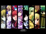  black_hair blonde_hair braid bucket character_name column_lineup copyright_name green_hair hair_ribbon hairband hat heart horn hoshiguma_yuugi kaenbyou_rin kisume komeiji_koishi komeiji_satori kumakichi_(kuma-ana) kurodani_yamame mizuhashi_parsee multiple_girls purple_eyes red_hair reiuji_utsuho ribbon romaji short_hair subterranean_animism third_eye touhou twin_braids 