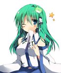  bad_id bad_pixiv_id blue_eyes blush blush_stickers detached_sleeves frog fujishiro_emyu green_hair kochiya_sanae long_hair mouth_hold one_eye_closed smile solo star touhou 