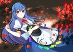  apron blue_hair bow dress food frills fruit garigarigari hands hat hat_on_chest hat_removed headwear_removed hinanawi_tenshi leaf long_hair looking_at_viewer lying maple_leaf on_back peach red_eyes shade smile solo touhou 