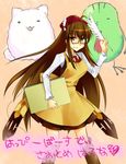  antenna_hair aobara apron beret breasts brown_eyes brown_hair feathers glasses grin hat imperium_graphices kneehighs large_breasts long_hair mahou_sensei_negima! motsu_(mahou_sensei_negima!) necktie pen pleated_skirt quill saotome_haruna shichimi_(negima) sketchbook skirt smile solo very_long_hair 