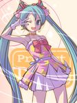  amami_haruka amami_haruka_(cosplay) armpits bow cosplay dress gloves green_eyes green_hair haiiro hatsune_miku headset idolmaster idolmaster_(classic) long_hair one_eye_closed project_diva_(series) project_diva_2nd smile solo twintails v v_over_eye very_long_hair vocaloid 