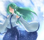  bad_id bad_pixiv_id cafe_choco closed_eyes detached_sleeves frog green_hair hair_ornament kochiya_sanae long_hair sarashi snake solo touhou 