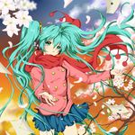  aqua_eyes aqua_hair cherry_blossoms double-breasted flower hair_flower hair_ornament hatsune_miku headphones highres jacket letter long_hair pom_pom_(clothes) red_scarf sakuranbotoko scarf skirt solo tears twintails very_long_hair vocaloid wind 