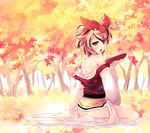  alcohol ass back bare_back bare_shoulders black_hair blonde_hair bottomless cup hair_ornament leaf maple_leaf multicolored_hair off_shoulder sakazuki sake shin_(new) short_hair sitting socks solo toramaru_shou touhou two-tone_hair yellow_eyes 