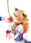  animal_ears apple bdsm bell bell_collar blonde_hair blue_eyes bondage bound bound_wrists bow braid cat_ears chain collar fangs food fruit hair_bow highres holding holding_food holding_fruit izayoi_sakuya kemonomimi_mode kirisame_marisa leash matilda md5_mismatch saliva solo_focus tongue touhou 