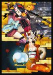 animal_ears architecture armor black_hair bow breasts cleavage comb east_asian_architecture egasumi flower fox_ears fox_tail hair_flower hair_ornament hair_up holding holding_sword holding_weapon japanese_clothes katana kaworu kimono kongiku lantern leaf leaf_on_head left-handed maple_leaf medium_breasts momohime multiple_girls nail_polish oboro_muramasa paper_lantern pink_nails ponytail ready_to_draw red_nails sheath silver_hair sitting sword tail thighhighs unsheathing weapon 