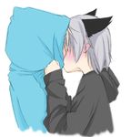  animal_ears blonde_hair blush cat_ears clothes_grab couple covered_face ear_blush eila_ilmatar_juutilainen face-to-face from_side gaki hood hood_down hood_up hoodie kiss long_sleeves multiple_girls profile sanya_v_litvyak short_hair silver_hair simple_background strike_witches upper_body white_background world_witches_series yuri 