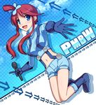  bad_id bad_pixiv_id blue_eyes blue_footwear blush boots breasts fuuro_(pokemon) gloves jumping large_breasts long_hair microphone midriff navel open_mouth pokemon pokemon_(game) pokemon_bw red_hair short_shorts shorts smile solo totokichi 