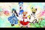  ascot black_hair blonde_hair blue_eyes blue_hair blush bow brown_eyes cirno dress hair_bow hat long_hair luna_child mdnk multiple_girls oota_jun'ya_(style) open_mouth parody red_hair ribbon short_hair star_sapphire style_parody sunny_milk touhou wings yellow_eyes yousei_daisensou 