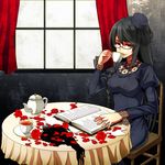  album_cover black_hair book braid cover cup dress glasses highres jewelry long_hair necklace nirai_kanai original petals red_eyes sitting solo table teacup window 