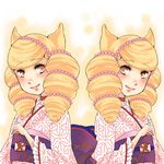  animal_ears asa_no_ha_(pattern) beads blonde_hair bonbori choker drill_hair fox_ears hair_ornament hoozuki_(otome_youkai_zakuro) japanese_clothes kimono lowres multiple_girls mutsuki_(snach) obi oekaki otome_youkai_zakuro sash siblings sisters smile symmetry twins yellow_eyes 