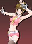  aitanikofu akizuki_ritsuko armpits badge bare_shoulders belt blush brown_eyes fingerless_gloves garter_straps glasses gloves idolmaster idolmaster_(classic) impossible_clothes impossible_shirt midriff navel necktie shirt shorts solo star thighhighs wrist_cuffs 