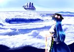  aircraft airship blue_hair cloud day food fruit hat highres hinanawi_tenshi long_hair palanquin_ship peach ship sky solo sword sword_of_hisou touhou tsubasa_(abchipika) watercraft weapon 