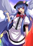  bad_id bad_pixiv_id blue_hair blush bow bowtie cloud daiaru food fruit hat hinanawi_tenshi long_hair mountain open_mouth peach red_eyes smile solo sword sword_of_hisou touhou weapon 