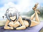 ? armband ass beach bikini breast_press breasts cleavage day highres large_breasts lying on_stomach original red_eyes sandals solo swimsuit tsuki_wani white_hair 