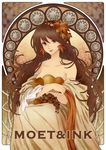  apple art_nouveau bare_shoulders brown_eyes brown_hair earrings food fruit grapes hair_ornament jewelry leaf long_hair mauve off_shoulder original robe solo 