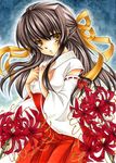  brown_hair detached_sleeves flower hair_ribbon hakama hands japanese_clothes long_hair marker_(medium) miko original red_hakama ribbon sei_mai_(haruma) solo spider_lily traditional_media 