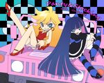  blonde_hair blue_eyes blue_hair bow car dress earrings ground_vehicle hair_bow jewelry long_hair mitake_eiru motor_vehicle multiple_girls official_style panties panty_&amp;_stocking_with_garterbelt panty_(psg) red_dress see-through_(psg) smile stocking_(psg) striped striped_legwear thighhighs underwear 