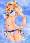  bikini blonde_hair blue_eyes blush breasts cleavage cloud day front-tie_top groin highres large_breasts leona_garstein navel open_mouth shiny shiny_skin shu-z side-tie_bikini sky solo super_robot_wars super_robot_wars_og_the_inspector swimsuit underboob wading water 