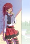  bad_id bad_pixiv_id blue_eyes cross flower hair_bobbles hair_ornament jewelry red_hair skirt solo striped striped_legwear thighhighs umineko_no_naku_koro_ni ushiromiya_ange vest xiangtu zettai_ryouiki 