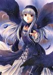  bad_id bad_pixiv_id black_wings dress feathers gothic hairband highres kyopi pointing red_eyes rozen_maiden solo suigintou traditional_media wings 
