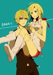  1girl ahoge artist_request blonde_hair blue_eyes boots carrying choker couple durarara!! heiwajima_shizuo hetero princess_carry ribbon short_hair shorts sunglasses vorona 