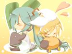  akatuki0318 aqua_hair blonde_hair blush chibi detached_sleeves hair_ribbon hatsune_miku kagamine_rin long_hair multiple_girls ribbon short_hair sitting skirt spring_onion thighhighs twintails very_long_hair vocaloid 