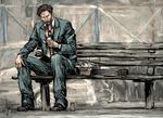  bench can eating formal inogashira_gorou keanu_reeves kodoku_no_gourmet male_focus meme moto_murabito necktie parody realistic sitting solo suit 