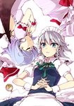  blue_eyes blue_hair bow braid closed_eyes fujino_ichi hair_bow hat hat_removed headwear_removed izayoi_sakuya maid maid_headdress multiple_girls pocket_watch remilia_scarlet short_hair silver_hair touhou twin_braids watch wings wrist_cuffs 