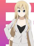  blonde_hair blue_eyes breasts business_suit cleavage face formal hand_on_hip ikari_manatsu jacket k-on! kotobuki_tsumugi long_hair medium_breasts office_lady older pencil_skirt skirt skirt_suit solo suit upper_body very_long_hair 