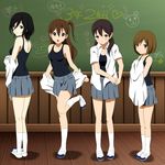  black_eyes black_hair brown_eyes brown_hair chalkboard extra k-on! kimura_fumie kinoshita_shizuka legs long_hair md5_mismatch multiple_girls one-piece_swimsuit school_swimsuit school_uniform shian_(my_lonly_life.) shimizu_kyouko shoes short_hair side_ponytail skirt swimsuit swimsuit_under_clothes taki_eri twintails undressing uwabaki 