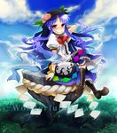  blue_hair boots cloud cross-laced_footwear crossed_legs day food fruit hat hinanawi_tenshi keystone lace-up_boots long_hair peach red_eyes rope shimenawa sitting sky solo touhou yazumi_(yazzz) 