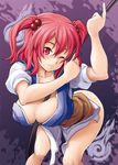  bent_over between_breasts breasts cleavage hair_bobbles hair_ornament large_breasts no_panties one_eye_closed onozuka_komachi red_eyes red_hair soba_(saz) solo touhou two_side_up 