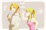  1boy 1girl annoyed blonde_hair blue_eyes directional_arrow earrings edward_elric food fullmetal_alchemist height_difference ice_cream jewelry long_hair open_mouth ponytail riru squiggle winry_rockbell yellow_eyes 