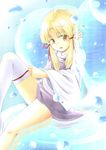  adjusting_clothes adjusting_legwear blonde_hair bubble hair_ribbon moriya_suwako no_hat no_headwear ribbon senhaku short_hair sidelocks single_thighhigh sitting solo thighhighs thighhighs_pull touhou yellow_eyes 