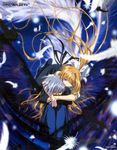  1girl absurdres air aratani_tomoe blonde_hair blue_eyes closed_eyes feathers grey_hair hair_ribbon highres kamio_misuzu kunisaki_yukito long_hair ribbon scan very_long_hair wings 