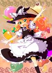  blonde_hair bow braid carrot food frills fruit hat highres kirisame_marisa long_hair mushroom new_super_marisa_land peach smile solo sw touhou witch_hat 