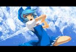  bad_id bad_pixiv_id blue_eyes blue_hair bow cirno crystal_sword hair_bow ice jpeg_artifacts letterboxed no_wings open_mouth shimadoriru solo sword touhou weapon 