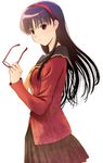  amagi_yukiko black_eyes black_hair eyewear_removed glasses hairband hijiri_ruka holding holding_eyewear long_hair persona persona_4 school_uniform simple_background skirt solo 