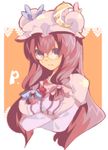  asa_natsume bespectacled blush breasts crescent glasses hat long_hair lowres medium_breasts patchouli_knowledge purple_eyes purple_hair ribbon solo touhou 