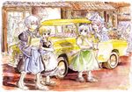  3girls car groceries ground_vehicle kirisame_marisa konpaku_youmu left-hand_drive master_(4th) morichika_rinnosuke motor_vehicle multiple_girls saigyouji_yuyuko touhou traditional_media watercolor_(medium) 