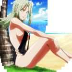  black_swimsuit breasts green_eyes green_hair highres lamia_loveless large_breasts legs long_legs one-piece_swimsuit parted_lips screencap sideboob sitting solo stitched super_robot_wars super_robot_wars_og_the_inspector super_robot_wars_original_generation swimsuit thighs third-party_edit tsunashima_shirou 