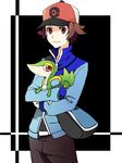  bag baseball_cap brown_eyes brown_hair gen_5_pokemon hat male_focus messenger_bag pokemon pokemon_(creature) pokemon_(game) pokemon_bw shoulder_bag smile snivy touya_(pokemon) 