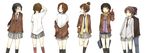  6+girls :d absurdres bad_id bad_pixiv_id bag black_hair blazer brown_eyes brown_hair from_behind glasses gloves hair_bobbles hair_ornament hairclip hand_in_pocket highres jacket kneehighs leg_up long_hair looking_back mouth_hold multiple_girls necktie off_shoulder one_eye_closed open_mouth original plaid plaid_scarf plaid_skirt pleated_skirt ponytail profile pun2 scarf school_uniform short_hair simple_background skirt sleeves_rolled_up smile standing striped sweat sweater twintails 